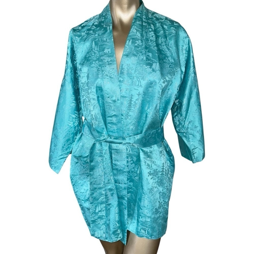 Vintage Kimono Turquoise Silver‎ Silk Jacquard Short Robe Joli Made In Japan S/M